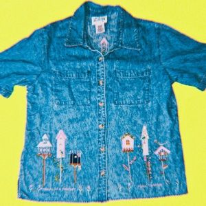 Women’s “Friends Of A Feather” Denim Button-up Shirt (Size M)